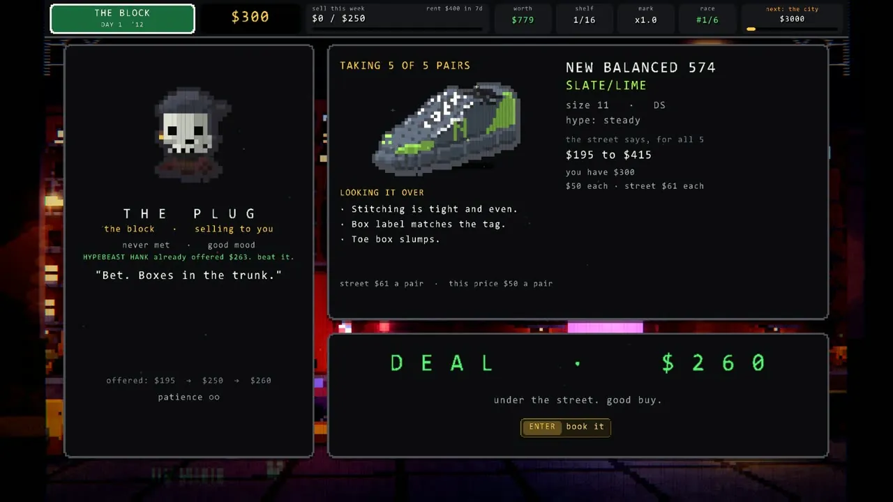 O'BLOCK deal screen on day 1 at The Block: The Plug, in a skull mask, selling 5 pairs of New Balanced 574 in slate and lime. The street says $195 to $415 for all 5, street $61 each. A note says Hypebeast Hank already offered $263. Offers $195, $250, $260. Big green text: DEAL, $260, under the street, good buy.