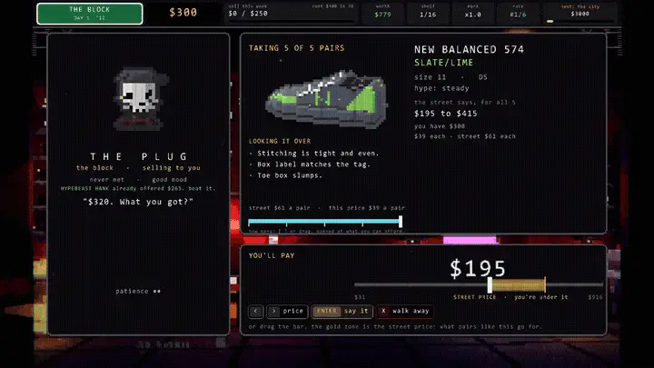 Animated screen recording from O'BLOCK: the player opens at $195 against The Plug, comes up to $250, he answers Make it $260, and the deal closes at $260 for 5 pairs.