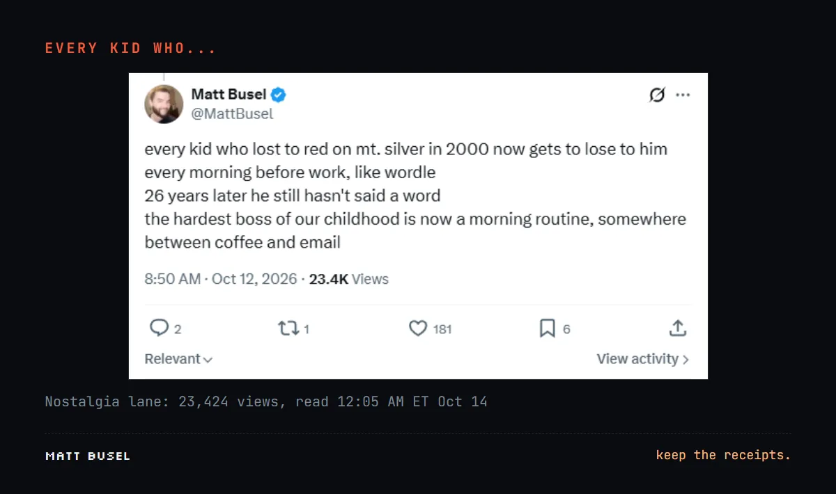 Screenshot of the Mt. Silver reply: every kid who lost to Red on Mt. Silver in 2000 now gets to lose to him every morning before work, 23.4K views