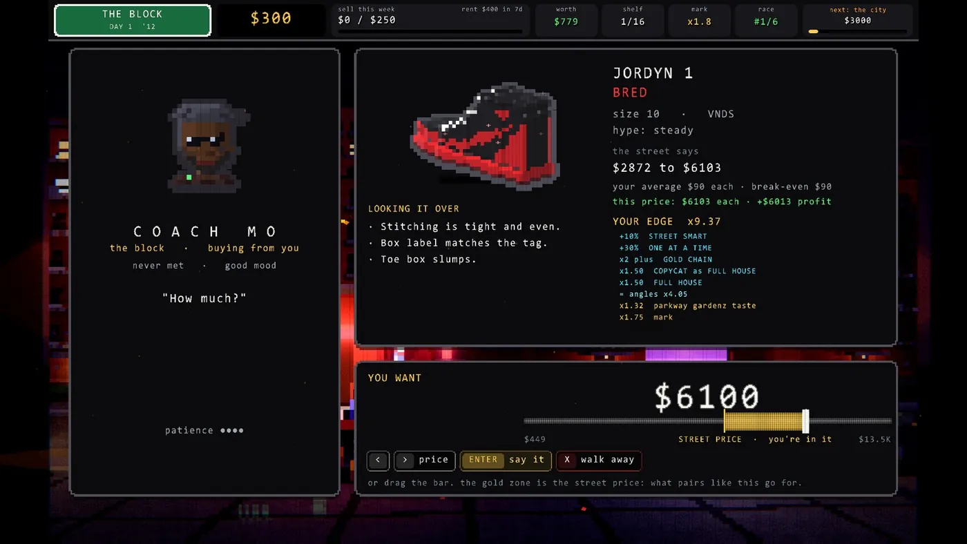 O'BLOCK's deal screen in Build 18: Coach Mo buying a Jordyn 1 Bred, size 10, very near deadstock. The street says $2,872 to $6,103. A price bar shows YOU WANT $6,100 with a wide gold zone labelled STREET PRICE, you're in it, between $449 and $13.5K, and buttons for price, say it and walk away.