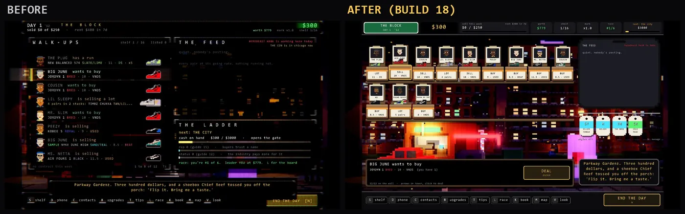 Before and after of O'BLOCK's street screen. Before: a WALK-UPS text list showing 8 rows (1 to 8 of 12) beside THE FEED and THE LADDER panels. After, Build 18: a green street sign reading THE BLOCK top left, a stat strip, 12 shoeboxes on two shelves each with a polaroid of the person, the pair and a BUY, SELL or LOT sticker, the feed as a phone, angle hang tags on a rail, a counter panel with a DEAL button and a dock of outlined buttons.