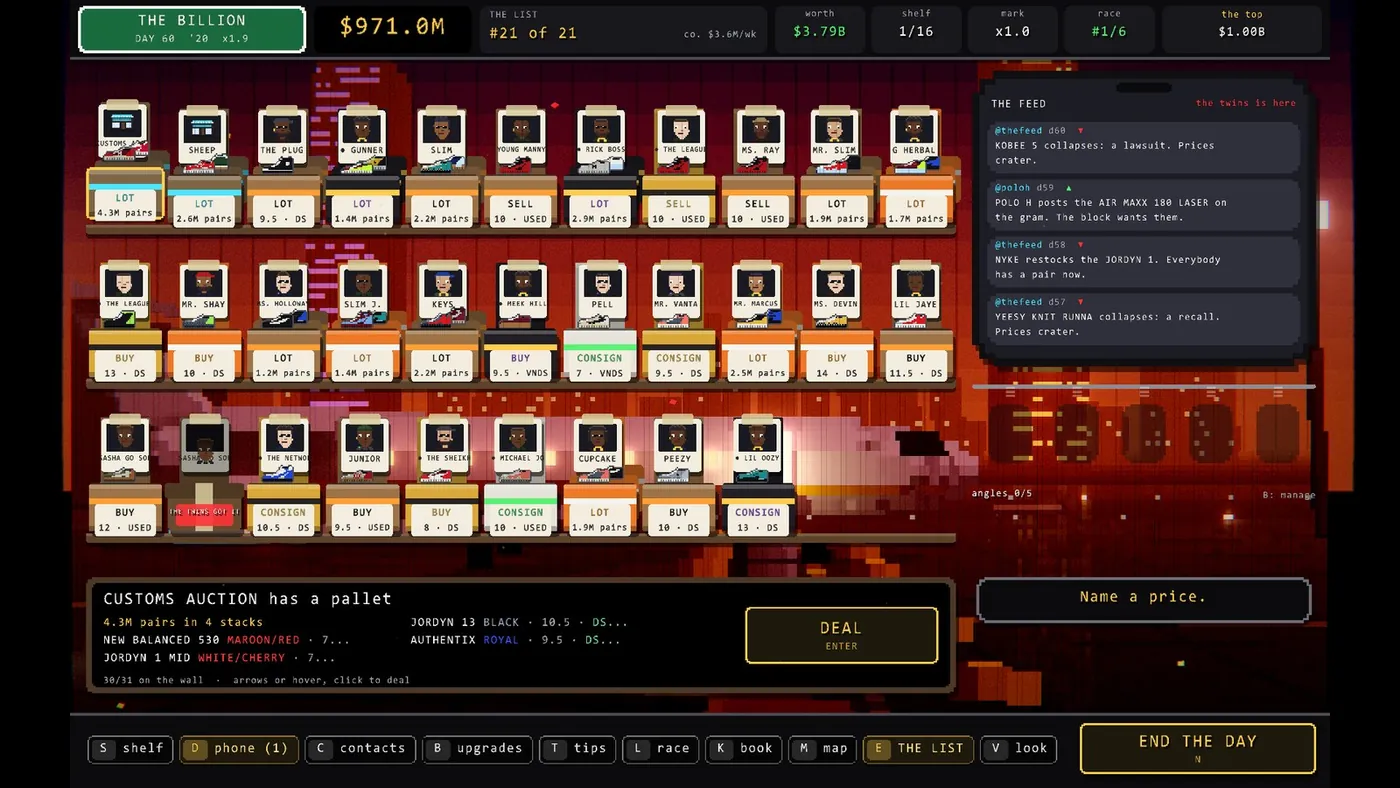 O'BLOCK Build 18 late game, day 60, cash $971.0M: a sneaker wall with three shelves of up to 11 shoeboxes (31 walk-ups), labelled LOT, SELL, BUY and CONSIGN, a phone-shaped feed with four posts, a counter showing a customs auction pallet of 4.3M pairs with a DEAL button, a Name a price box and a dock of buttons, none overlapping.