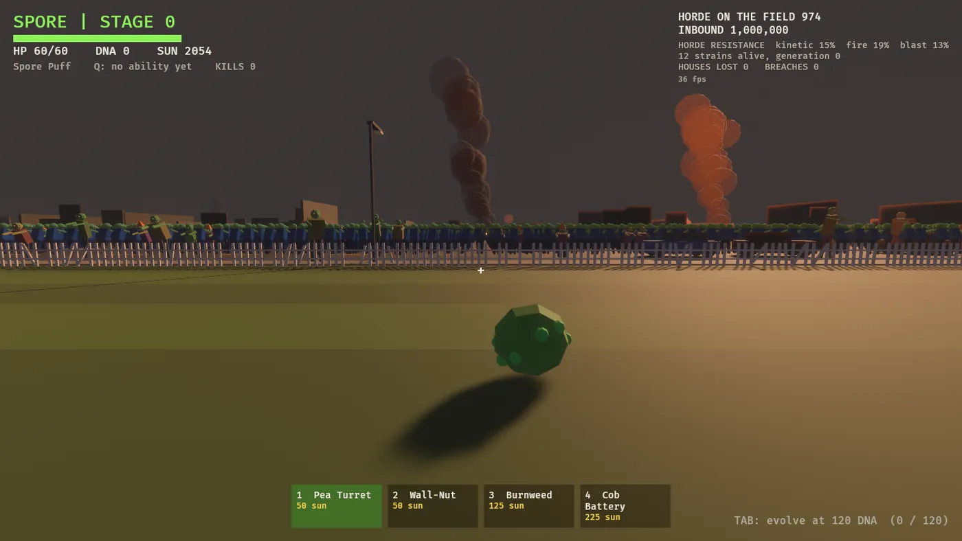Screenshot of the first LAWN WAR build: a small green spore in front of a picket fence with a line of zombies behind it. The HUD reads horde on the field 974, inbound 1,000,000, 36 fps.