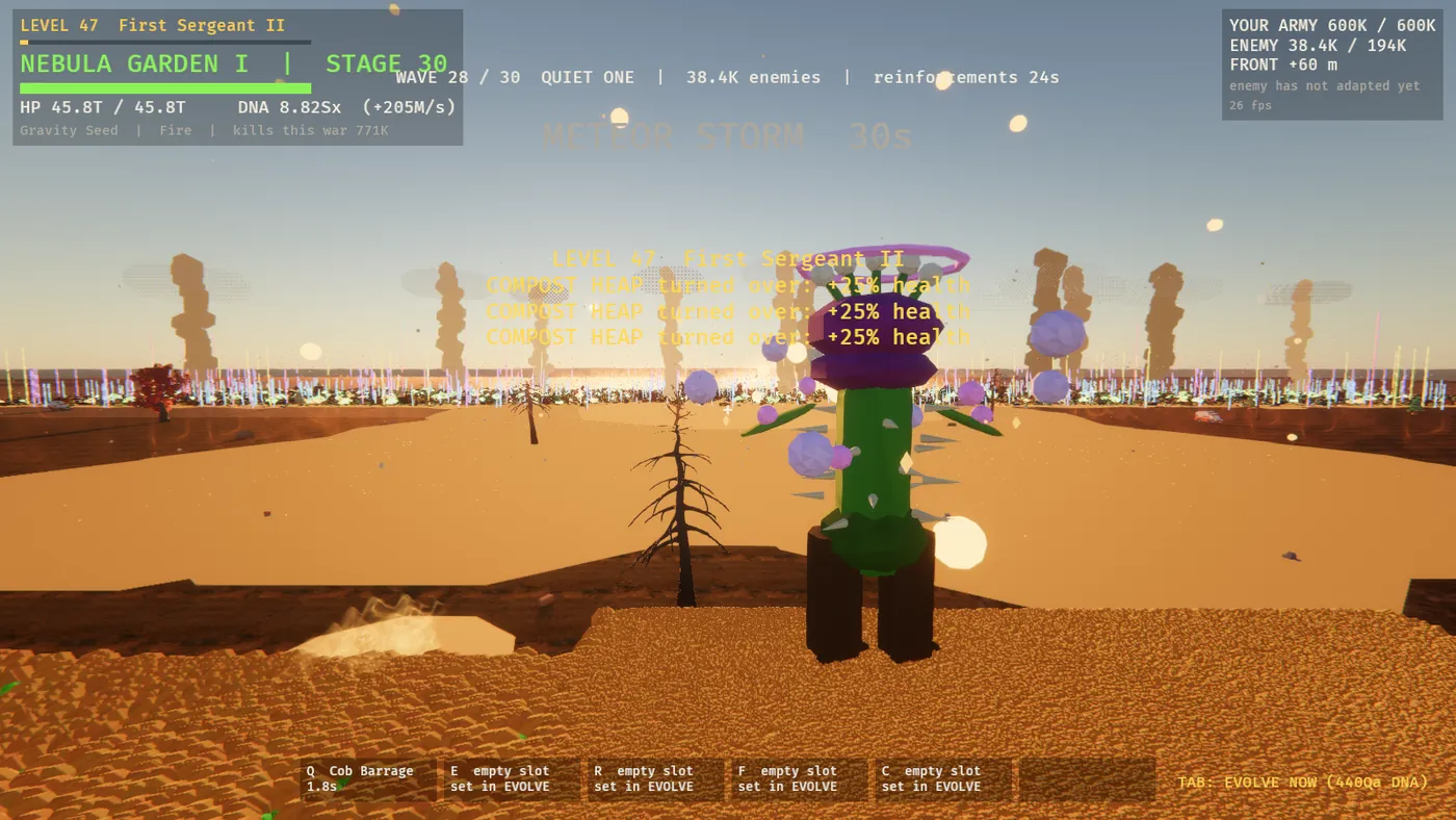 Screenshot of LAWN WAR at wave 28: a cactus-like evolved plant hero on a desert lawn, a front line of glowing plants stretching to the horizon. The HUD reads your army 600K / 600K, enemy 38.4K, 26 fps.