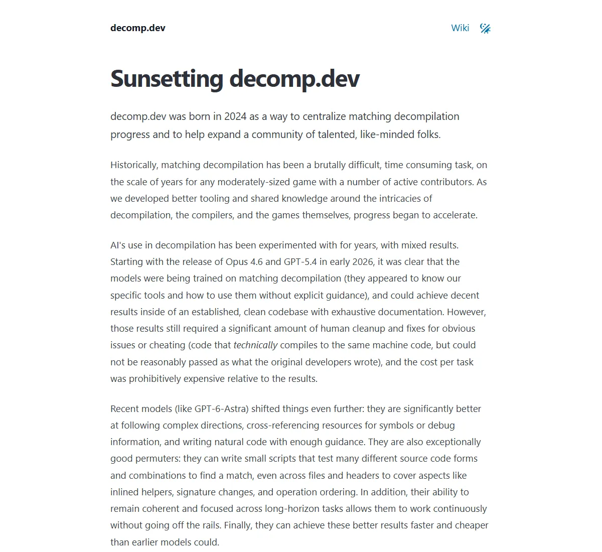 Screenshot of decomp.dev on Oct 15 2026: Sunsetting decomp.dev. Born in 2024; matching decompilation was brutally difficult, on the scale of years per game.
