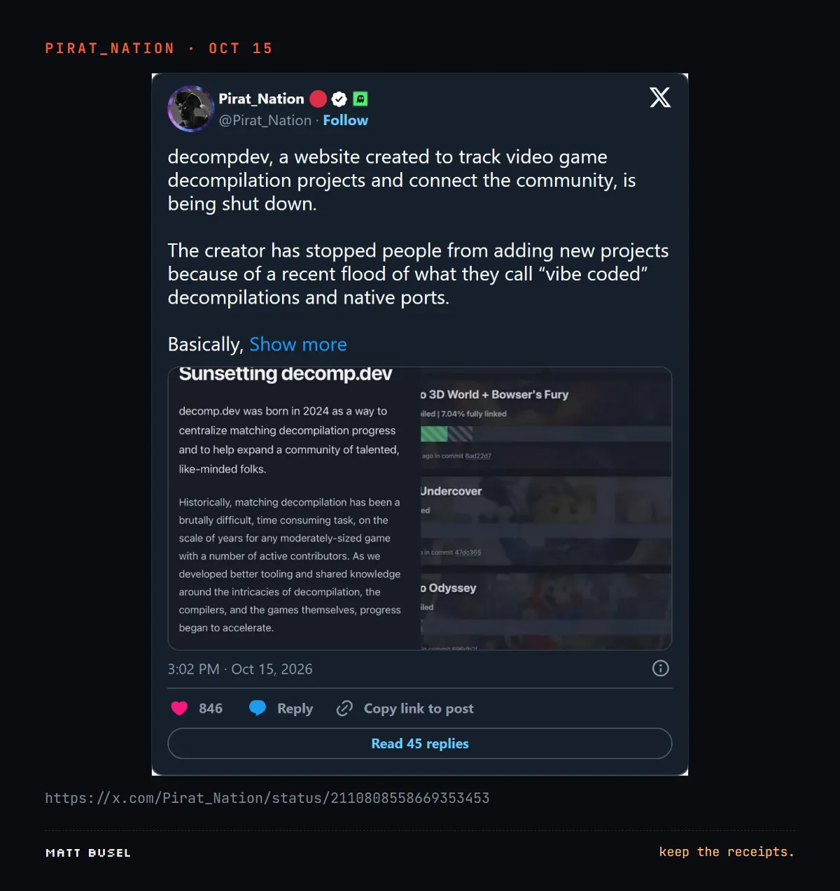 Screenshot of Pirat_Nation's X post, Oct 15 2026: decompdev is being shut down after a flood of vibe coded decompilations and native ports. 846 likes, 45 replies.
