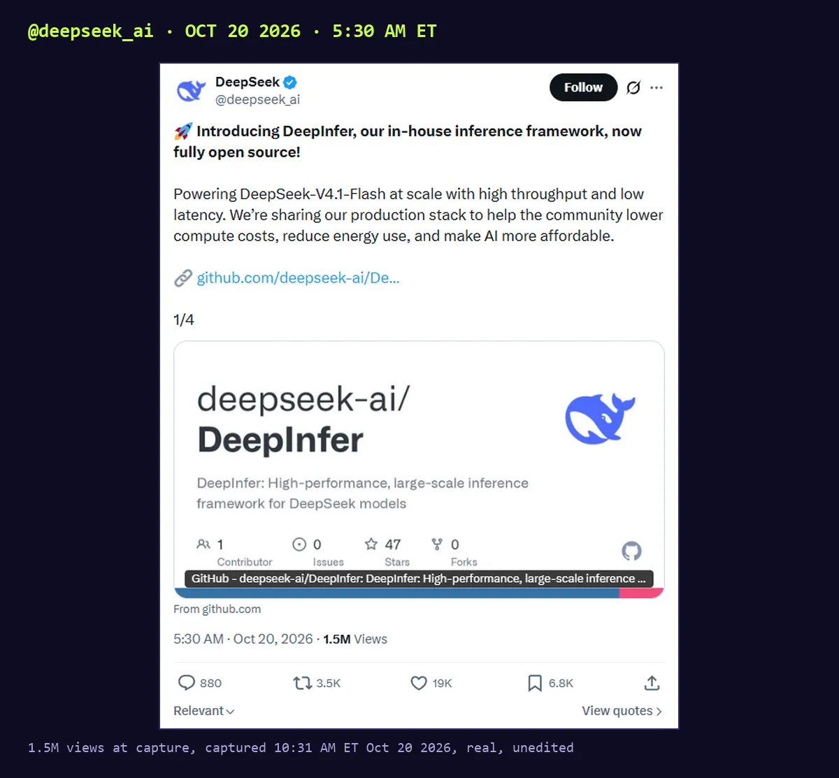 Screenshot of a post by DeepSeek, @deepseek_ai, Oct 20 2026 5:30 AM ET: Introducing DeepInfer, our in-house inference framework, now fully open source! Powering DeepSeek-V4.1-Flash at scale with high throughput and low latency. We're sharing our production stack to help the community lower compute costs, reduce energy use, and make AI more affordable. 1.5M views.