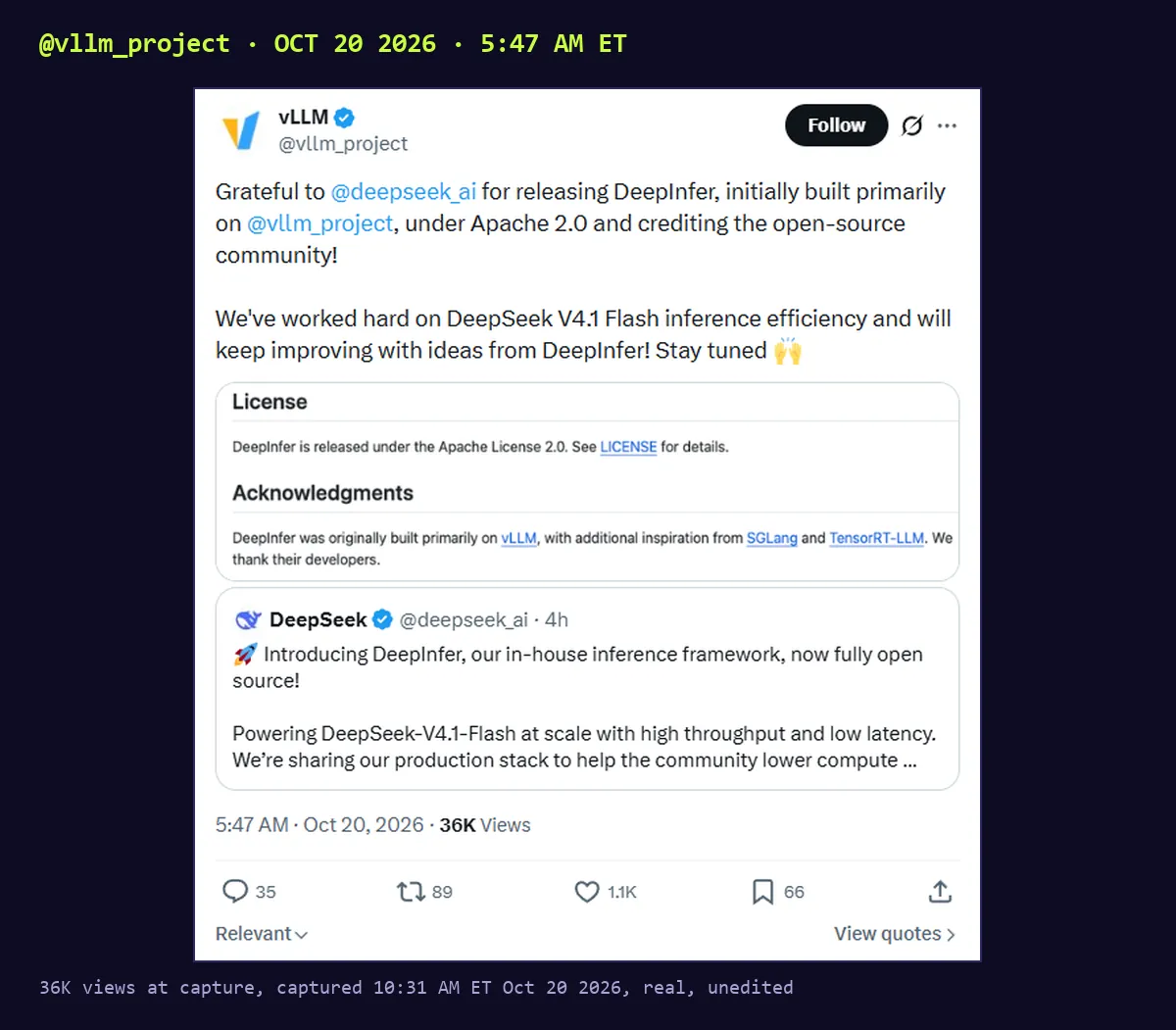 Screenshot of a post by vLLM, @vllm_project, Oct 20 2026 5:47 AM ET, quoting DeepSeek: Grateful to @deepseek_ai for releasing DeepInfer, initially built primarily on @vllm_project, under Apache 2.0 and crediting the open-source community! We've worked hard on DeepSeek V4.1 Flash inference efficiency and will keep improving with ideas from DeepInfer. 36K views.