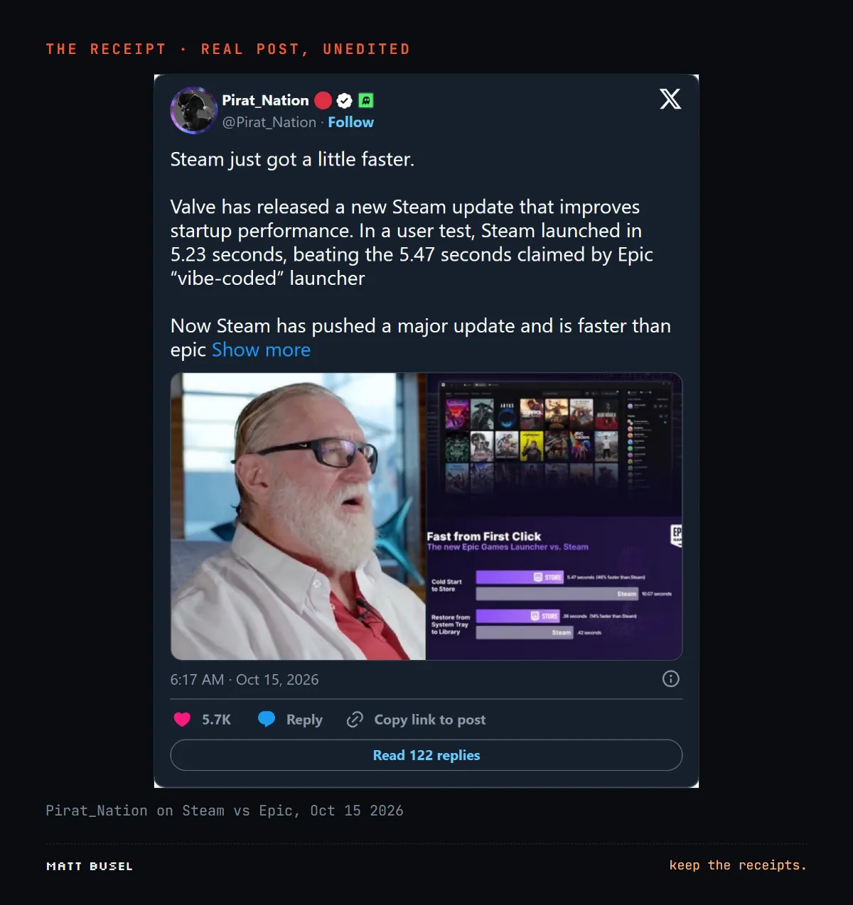 Screenshot of a Pirat_Nation post on X: a user test has Steam launching in 5.23 seconds vs the 5.47 seconds claimed for the vibe-coded Epic launcher.