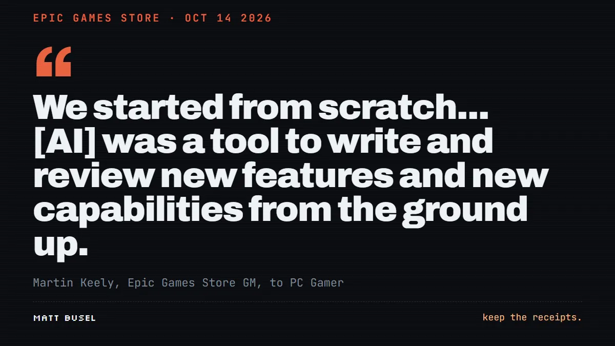 Quote card: We started from scratch... AI was a tool to write and review new features from the ground up. Martin Keely, Epic Games Store GM.