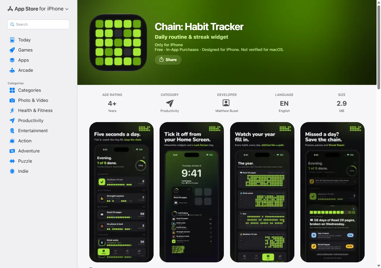 Screenshot of the Chain: Habit Tracker page on the US App Store: free with in-app purchases, Productivity, developer Matthew Busel, 2.9 MB, four screenshots of habit rings, widgets and a yearly quilt.