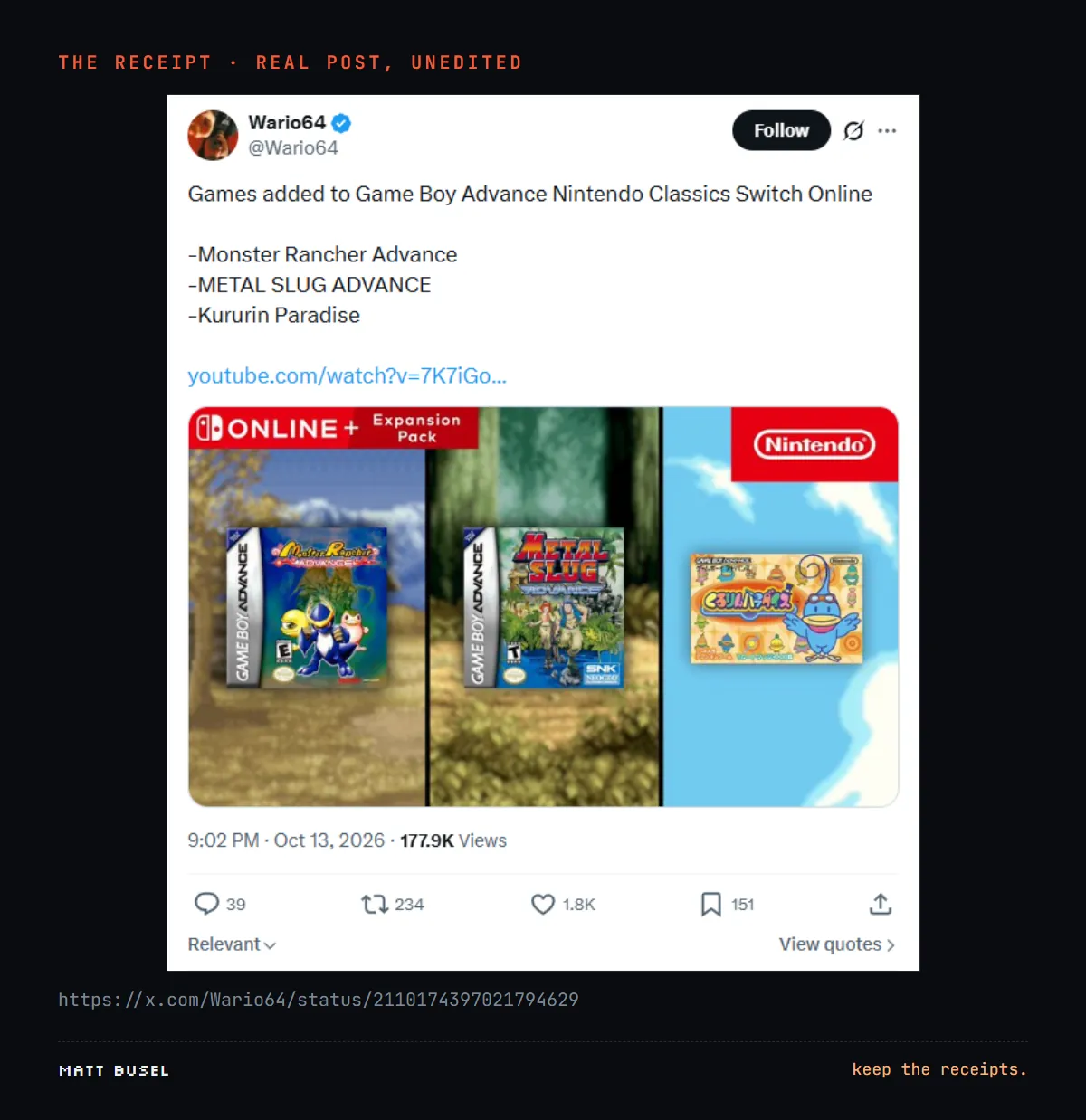 Screenshot of the Wario64 post announcing Kururin Paradise and other Game Boy Advance games for Nintendo Switch Online.