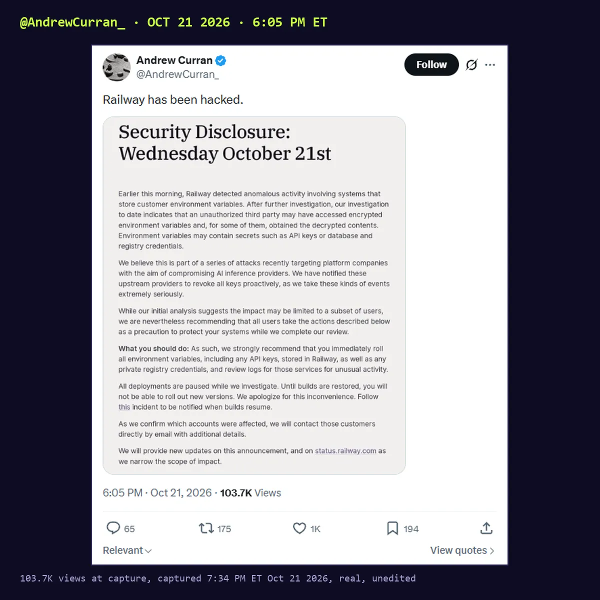 Screenshot of a post by Andrew Curran, @AndrewCurran_, Oct 21 2026 6:05 PM ET: Railway has been hacked. 103.7K views.