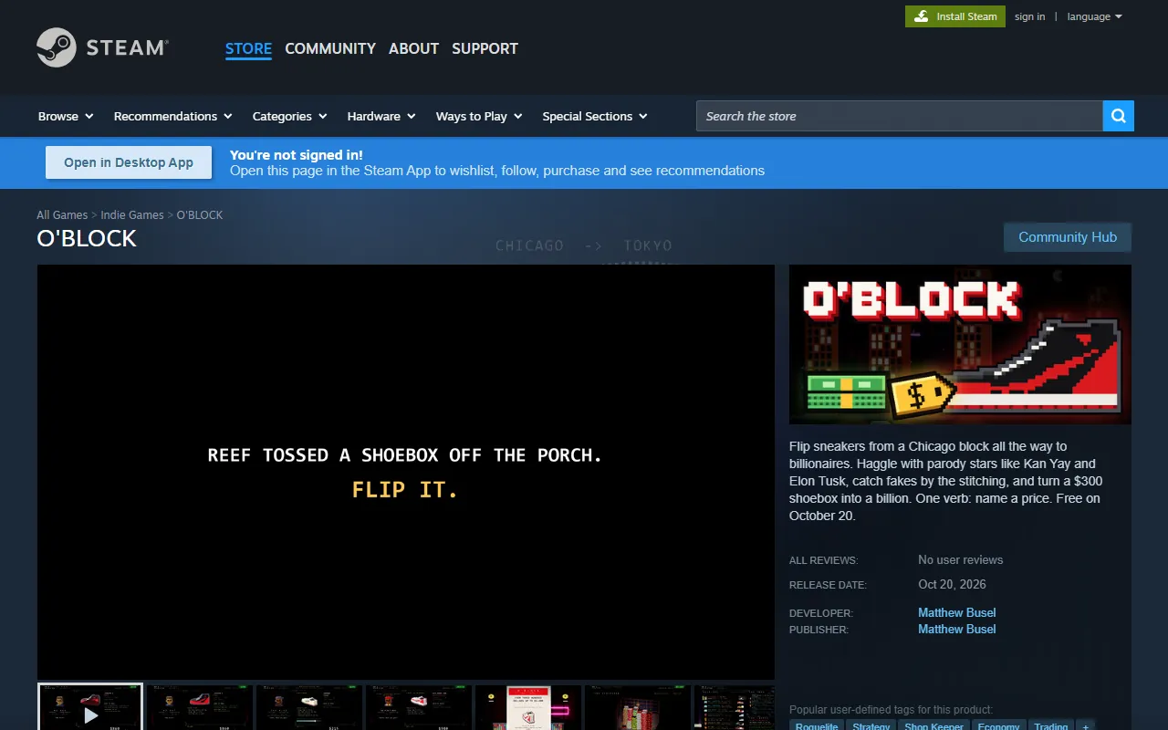 O'BLOCK Steam store page: flip sneakers from a Chicago block to billionaires, release date Oct 20, 2026.