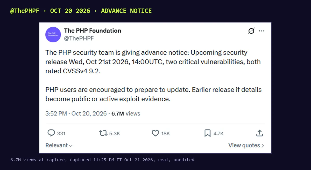 Screenshot of a post by The PHP Foundation, @ThePHPF, Oct 20 2026: The PHP security team is giving advance notice. Upcoming security release Wed Oct 21st 2026 14:00 UTC, two critical vulnerabilities, both rated CVSSv4 9.2. PHP users are encouraged to prepare to update. Earlier release if details become public or active exploitation. 6.7 million views.