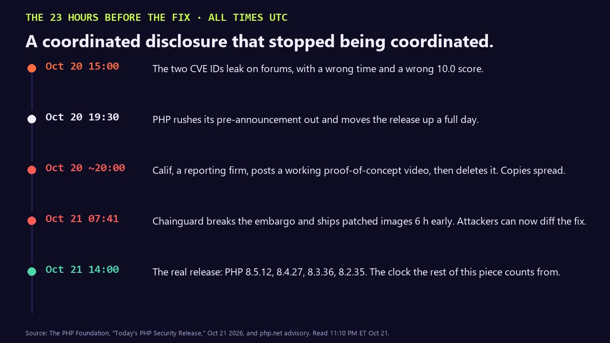 Timeline of the 23 hours before the fix, all times UTC. Oct 20 15:00: the two CVE IDs leak on forums with a wrong time and a wrong 10.0 score. Oct 20 19:30: PHP rushes its pre-announcement out and moves the release up a full day. Oct 20 around 20:00: Calif posts a working proof-of-concept video, then deletes it, and copies spread. Oct 21 07:41: Chainguard breaks the embargo and ships patched images 6 hours early, letting attackers diff the fix. Oct 21 14:00: the real release, PHP 8.5.12, 8.4.27, 8.3.36 and 8.2.35.