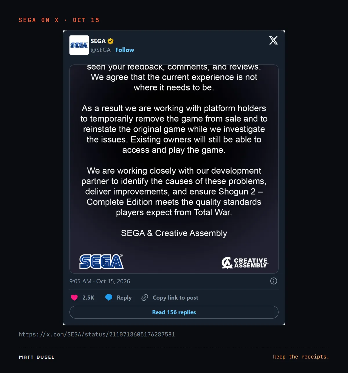 Screenshot of SEGA's post on X, Oct 15 2026: SEGA and Creative Assembly will temporarily remove Shogun 2 Complete Edition from sale and reinstate the original.