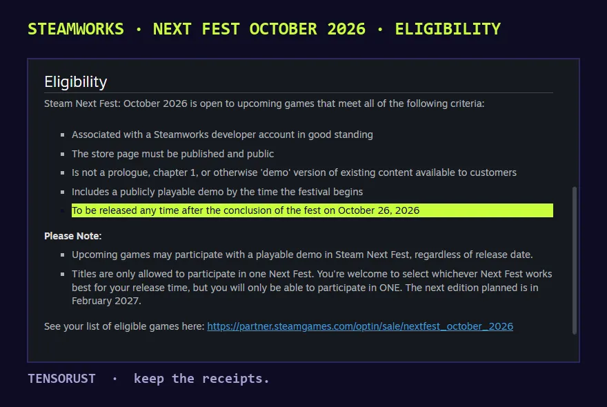 Screenshot of the Steamworks page for Steam Next Fest October 2026, Eligibility section. Five criteria: Steamworks account in good standing, store page published and public, not a prologue or chapter 1, a publicly playable demo by the start, and, highlighted, to be released any time after the conclusion of the fest on October 26, 2026. Below: titles may only participate in one Next Fest; the next is February 2027.