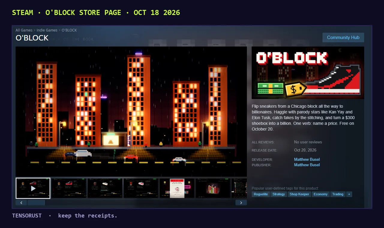 Screenshot of the O'BLOCK store page on Steam, logged out: a pixel-art night street of orange tower blocks, the description about flipping sneakers from a Chicago block to billionaires, no user reviews, release date Oct 20 2026, developer and publisher Matthew Busel, tags Roguelite, Strategy, Shop Keeper, Economy, Trading.