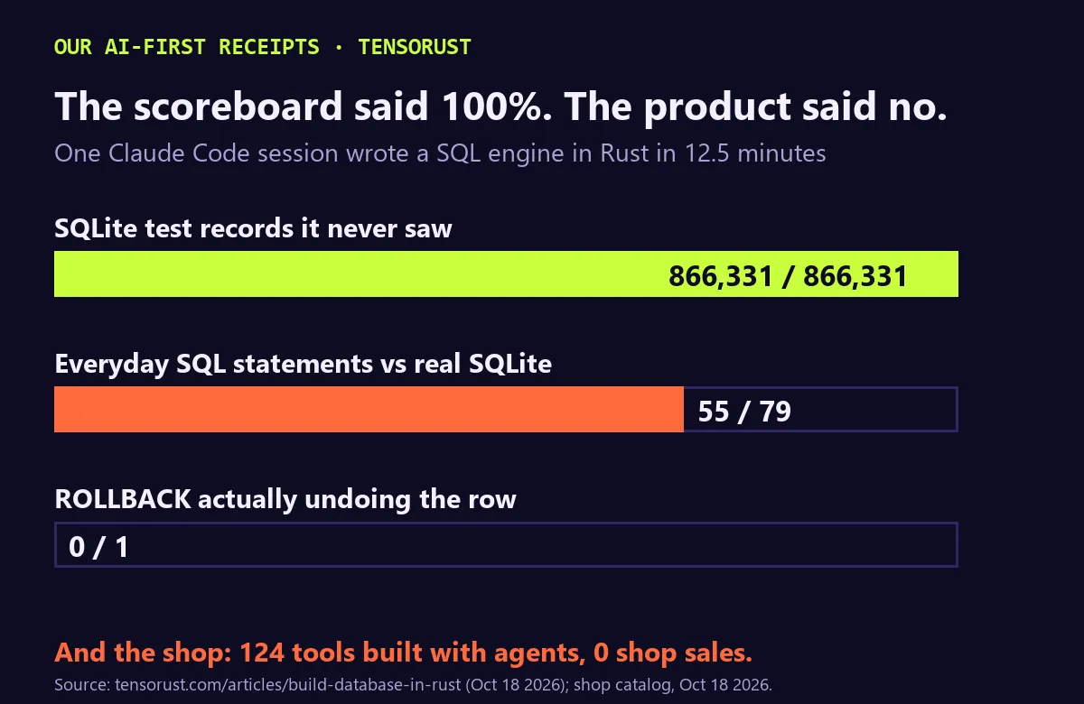 Bar chart of an AI agent's SQL engine in Rust: 866,331 of 866,331 SQLite test records passed, 55 of 79 everyday SQL statements matched real SQLite, 0 of 1 ROLLBACKs undid the row. Footer: 124 tools built with agents, 0 shop sales.