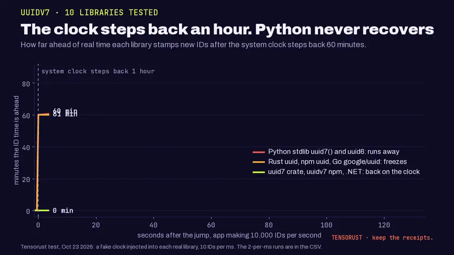 Animated line chart, The clock steps back an hour. Python never recovers. Minutes the ID timestamp is ahead of real time after the system clock steps back 60 minutes, at 10,000 IDs per second. Red line, Python stdlib uuid7 and uuid6: jumps to 60 minutes and climbs to 78 minutes after 120 seconds. Orange line, Rust uuid, npm uuid and Go google/uuid: jumps to 60 minutes and shrinks to 58. Green line, uuid7 crate, uuidv7 npm and .NET: stays at 0.