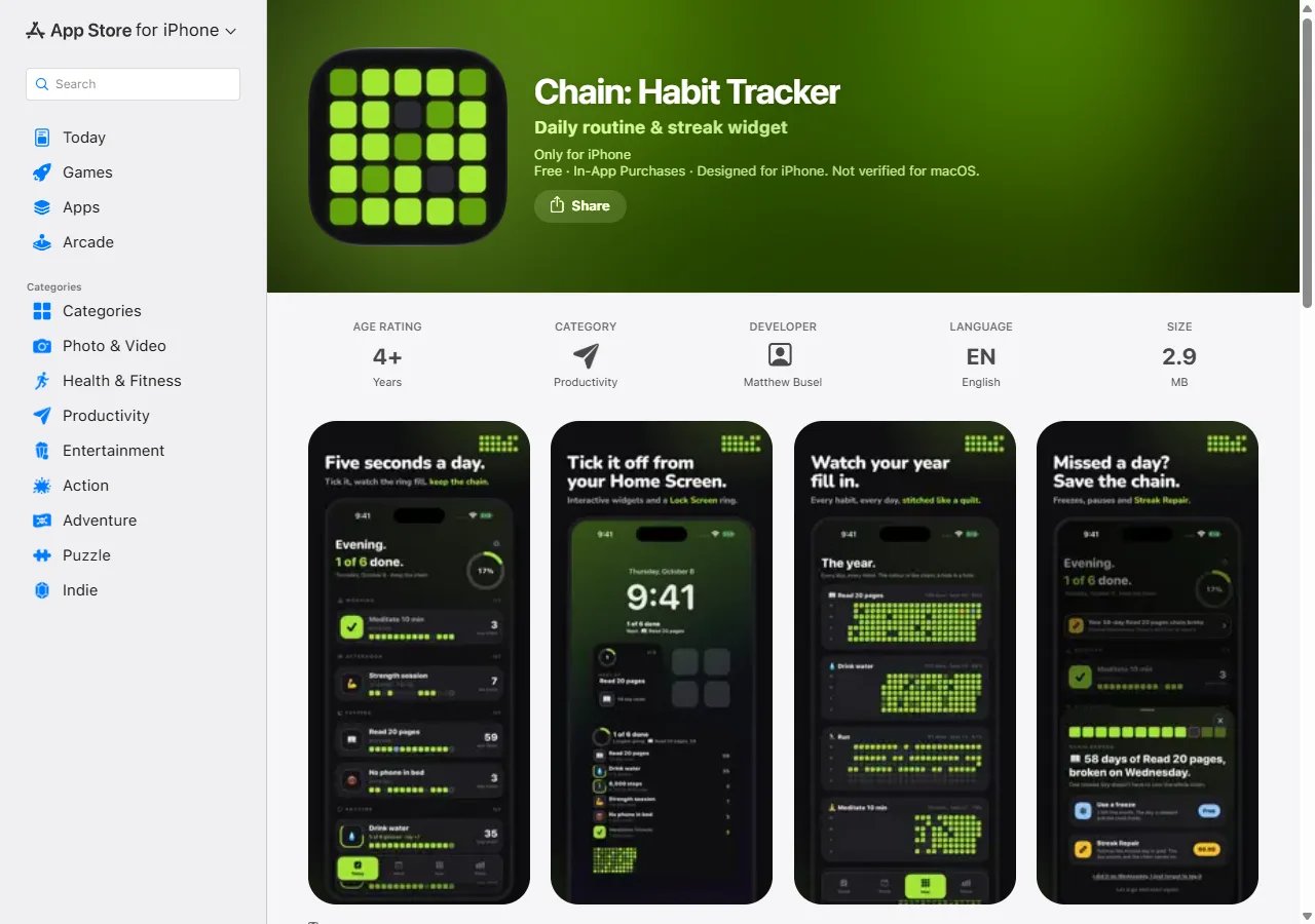 Screenshot of the Chain habit tracker app page on the US App Store, showing the app icon, name and Get button.