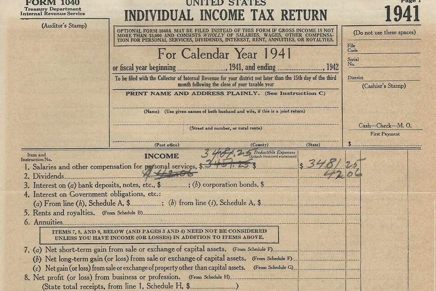 The top of a 1941 IRS Form 1040, Individual Income Tax Return, printed in black on aged paper with lines for name, address and income.