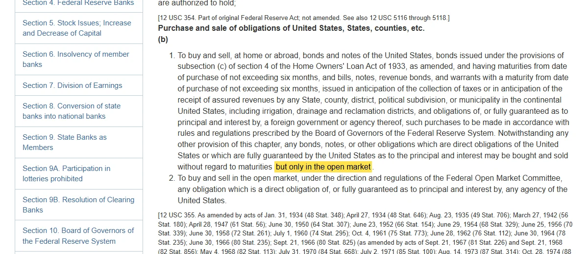 Screenshot of Section 14 of the Federal Reserve Act on federalreserve.gov, subsection (b), with the words but only in the open market highlighted in yellow at the end of paragraph 1, followed by the statutory history line 12 USC 355 as amended by acts of 1934, 1935, 1942 and later.