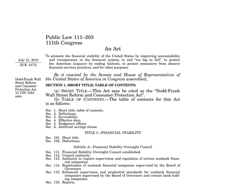 Scan of the first page of Public Law 111-203, dated July 21, 2010, H.R. 4173: An Act to promote the financial stability of the United States by improving accountability and transparency in the financial system, to end too big to fail, to protect the American taxpayer by ending bailouts, to protect consumers from abusive financial services practices, and for other purposes. Below it, Section 1 gives the short title Dodd-Frank Wall Street Reform and Consumer Protection Act and starts the table of contents with Title I, Financial Stability.