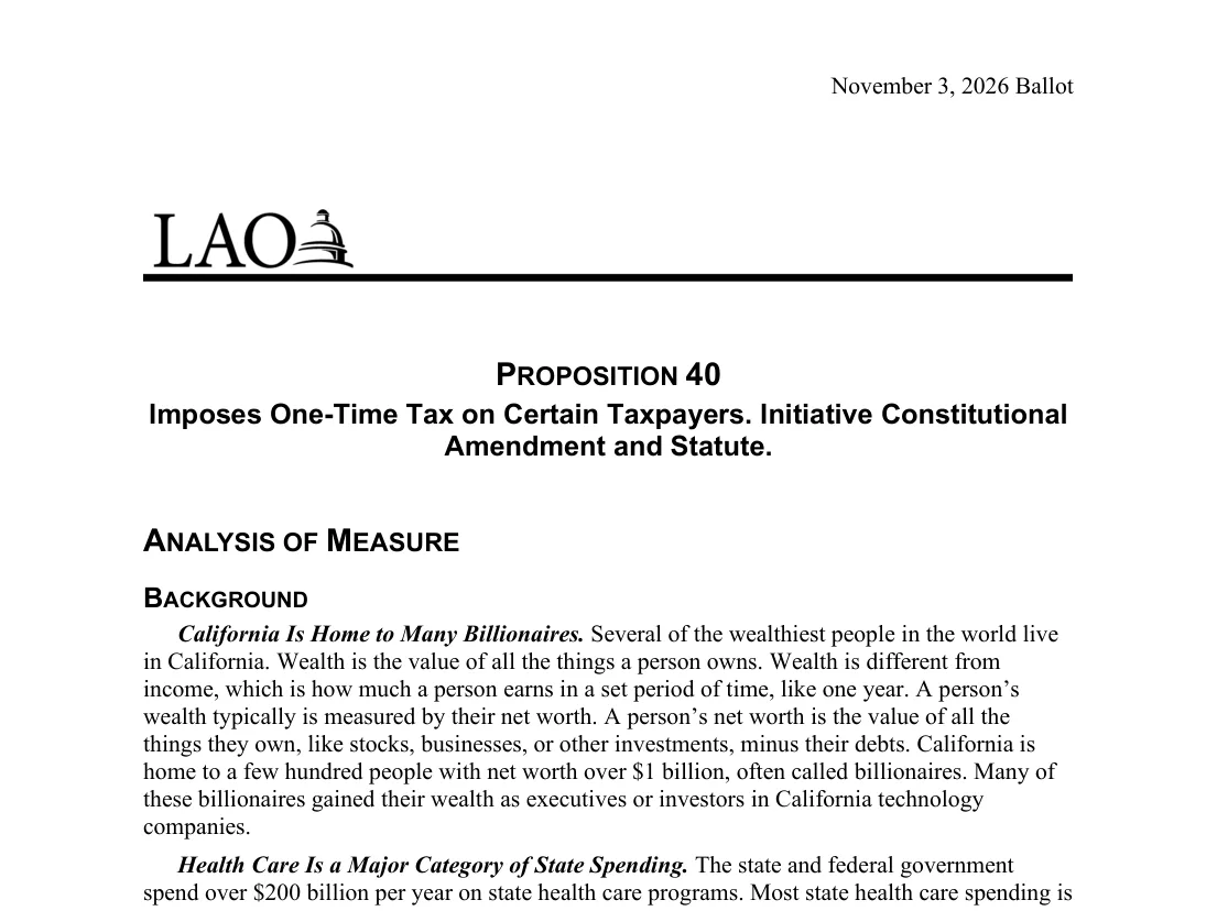 First page of the California Legislative Analyst's Office analysis of Proposition 40 for the November 3, 2026 ballot, with the headings Background, California Is Home to Many Billionaires, and Proposal: Establishes One-Time Wealth Tax on Billionaires.
