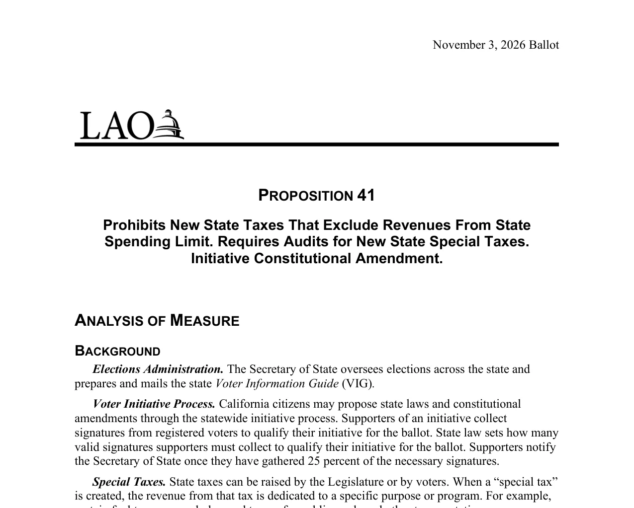 First page of the Legislative Analyst's Office analysis of Proposition 41 for the November 3, 2026 ballot, titled Prohibits New State Taxes That Exclude Revenues From State Spending Limit. Requires Audits for New State Special Taxes. Initiative Constitutional Amendment.