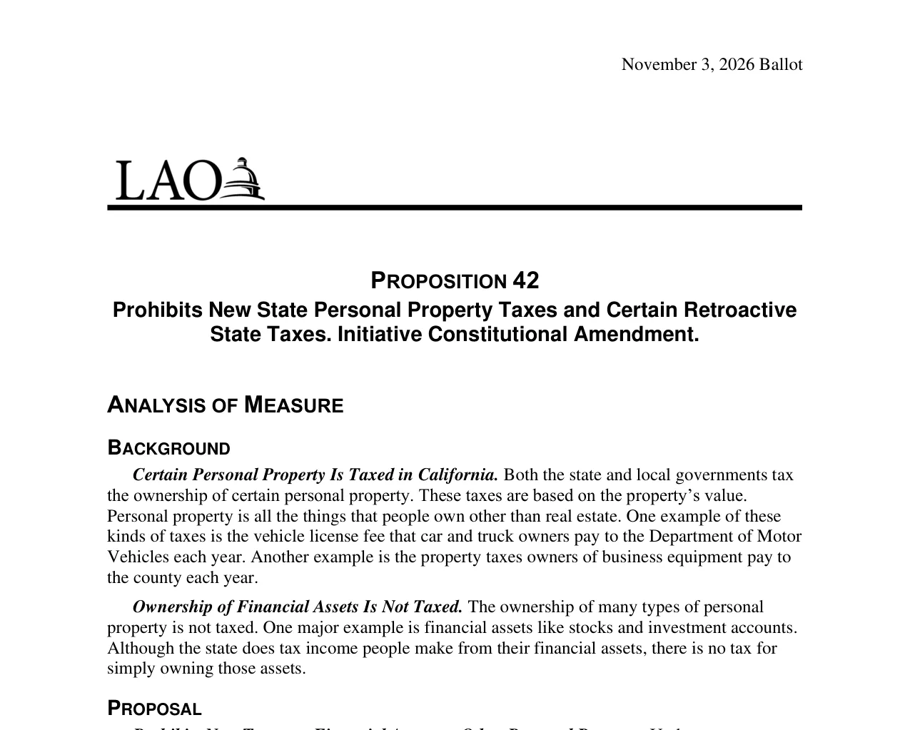 First page of the Legislative Analyst's Office analysis of Proposition 42 for the November 3, 2026 ballot, titled Prohibits New State Personal Property Taxes and Certain Retroactive State Taxes. Initiative Constitutional Amendment.