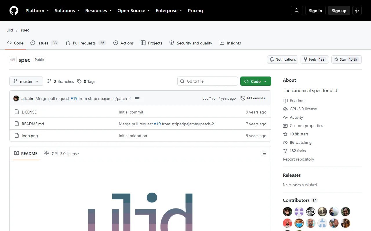Screenshot of the github.com/ulid/spec repository: The canonical spec for ulid, 10.8k stars, 182 forks, 41 commits, the last README merge 7 years ago, 38 open issues and 36 open pull requests.