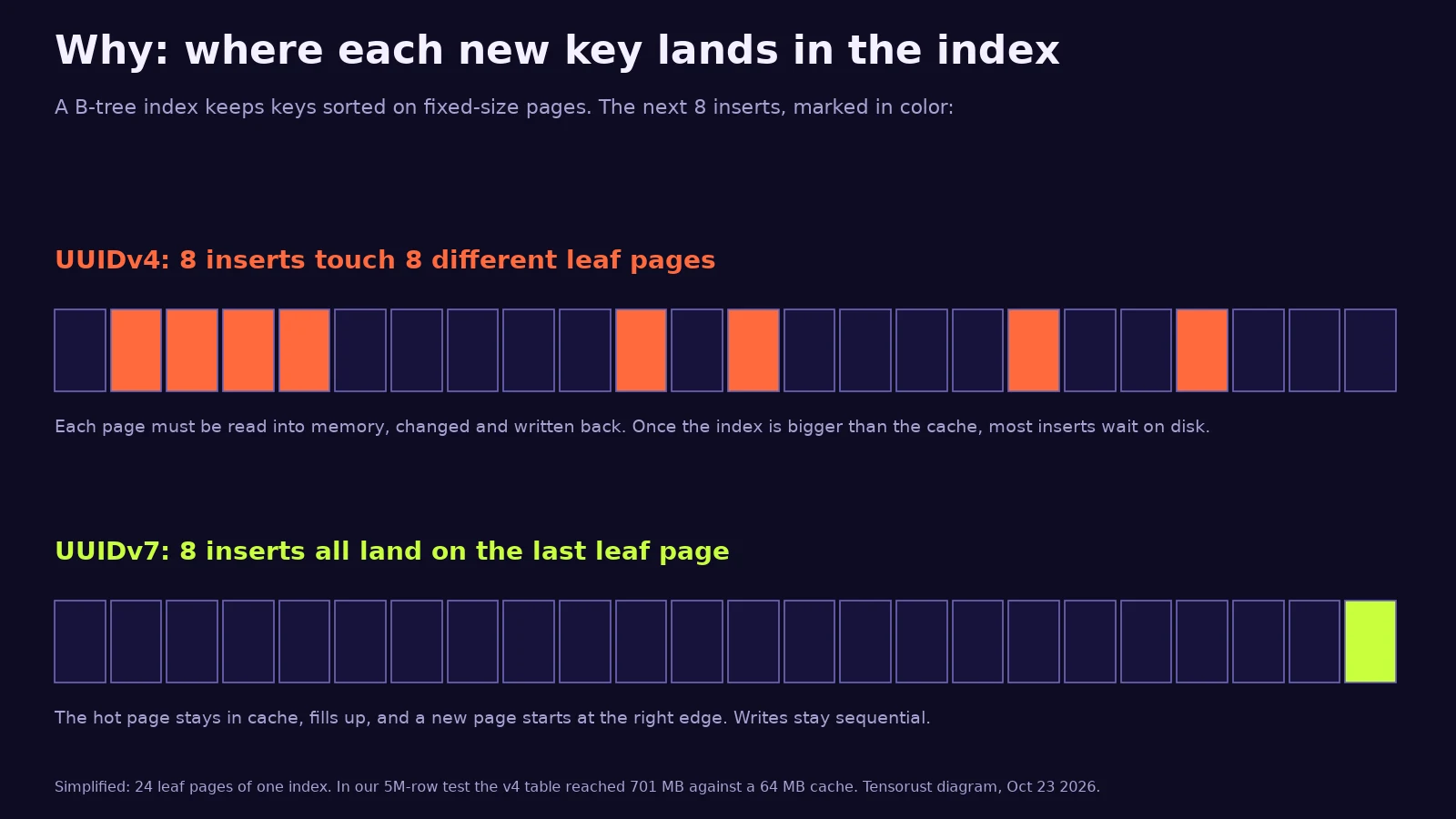 Diagram titled Why: where each new key lands in the index. A row of 24 leaf pages. UUIDv4: 8 inserts touch 8 different leaf pages scattered across the row; each page must be read, changed and written back, and once the index is bigger than the cache most inserts wait on disk. UUIDv7: 8 inserts all land on the last leaf page, which stays in cache and fills up before a new page starts at the right edge.