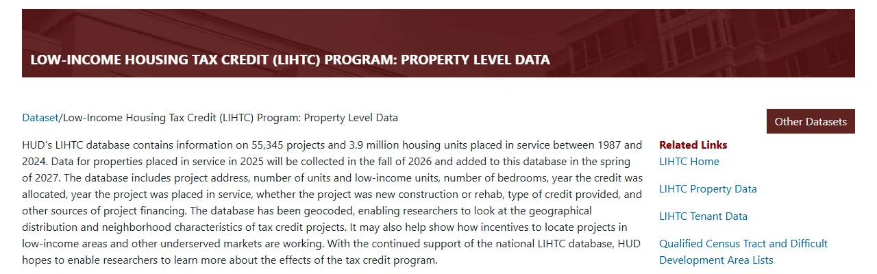 Screenshot of the HUD User page Low-Income Housing Tax Credit (LIHTC) Program: Property Level Data, which says HUD's LIHTC database contains information on 55,345 projects and 3.9 million housing units placed in service between 1987 and 2024, and that data for 2025 will be collected in fall 2026 and added in spring 2027.