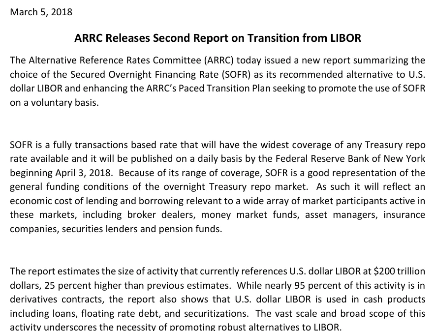 Scan of the ARRC press release dated March 5, 2018, titled ARRC Releases Second Report on Transition from LIBOR. It says SOFR will be published daily by the Federal Reserve Bank of New York beginning April 3, 2018, and estimates activity referencing US dollar LIBOR at $200 trillion, nearly 95 percent of it in derivatives.