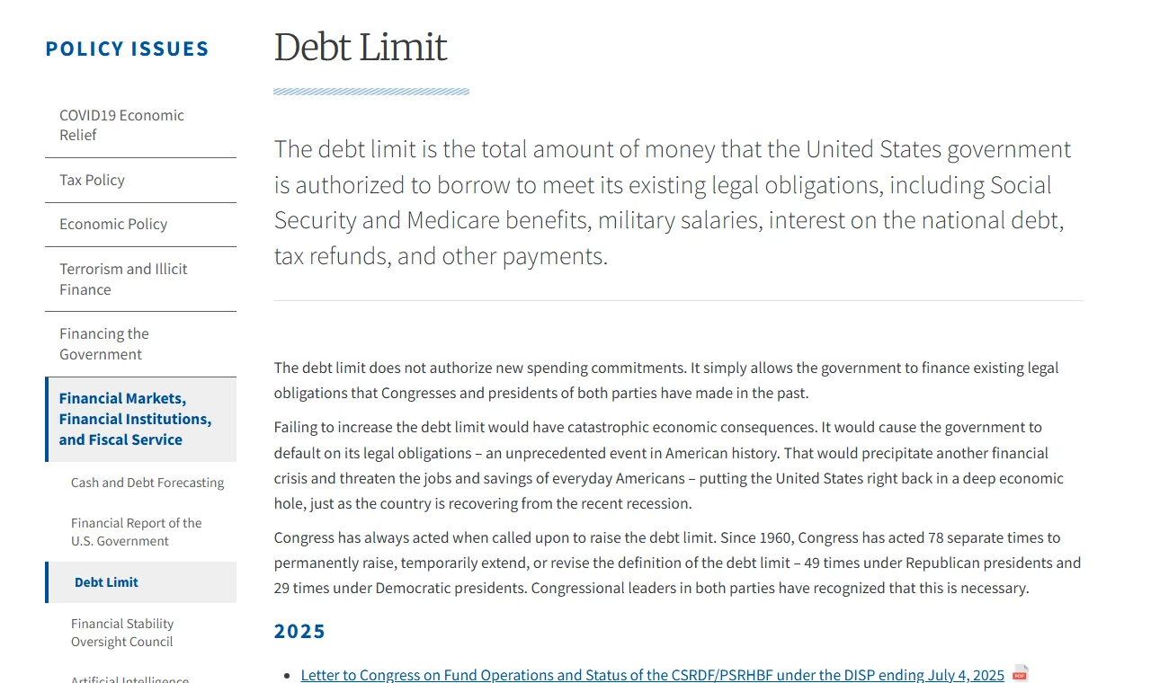 Screenshot of the US Treasury Debt Limit page: the debt limit is the total amount of money that the United States government is authorized to borrow to meet its existing legal obligations; it does not authorize new spending commitments; failing to increase it would have catastrophic economic consequences; since 1960 Congress has acted 78 separate times, 49 under Republican presidents and 29 under Democratic presidents.