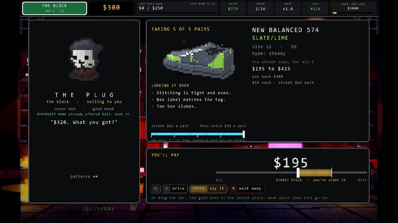 O'BLOCK deal screen: The Plug, in a Halloween skull mask, sells 5 pairs of New Balanced 574 and says $320, what you got