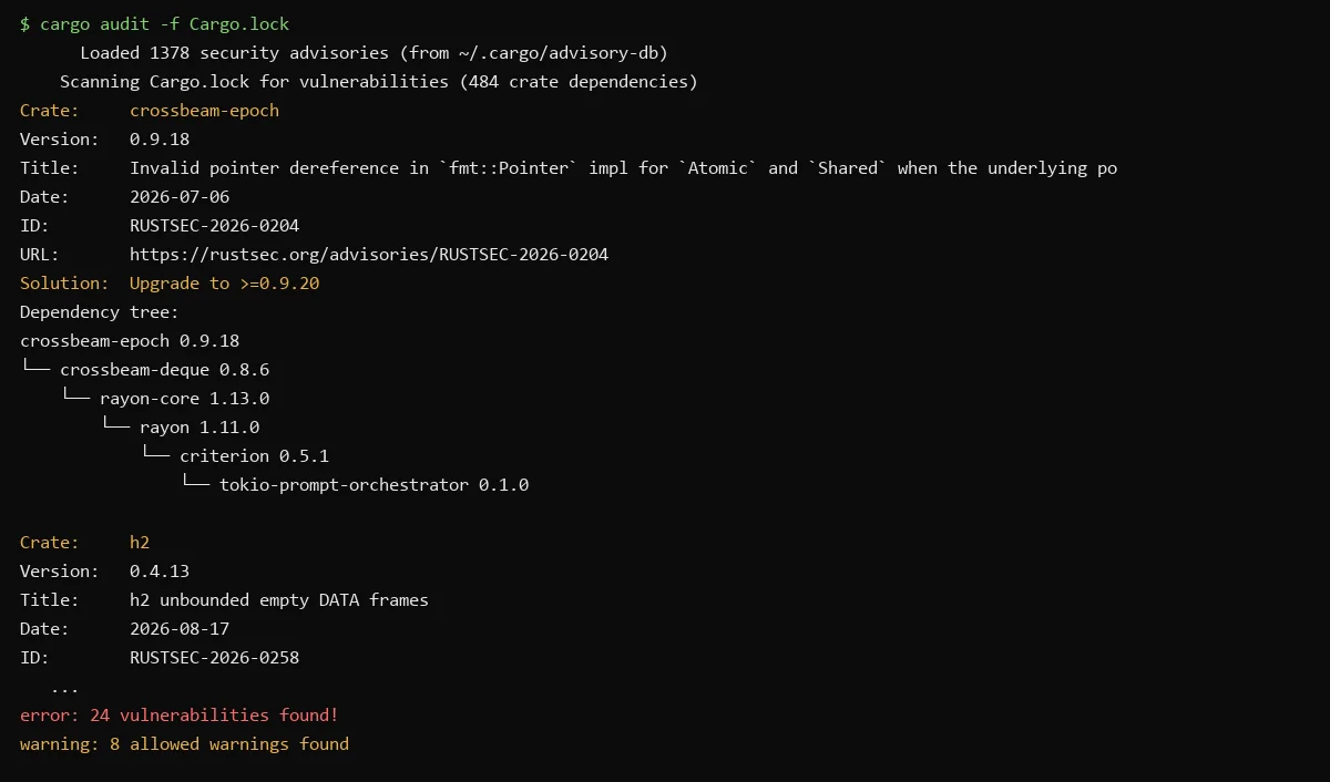 Terminal capture of cargo audit on a 484-crate lockfile: 1,378 advisories loaded, the crossbeam-epoch RUSTSEC-2026-0204 finding with its Solution line and a dependency tree ending in criterion, the start of the h2 RUSTSEC-2026-0258 finding, and the summary: 24 vulnerabilities found, 8 allowed warnings found.