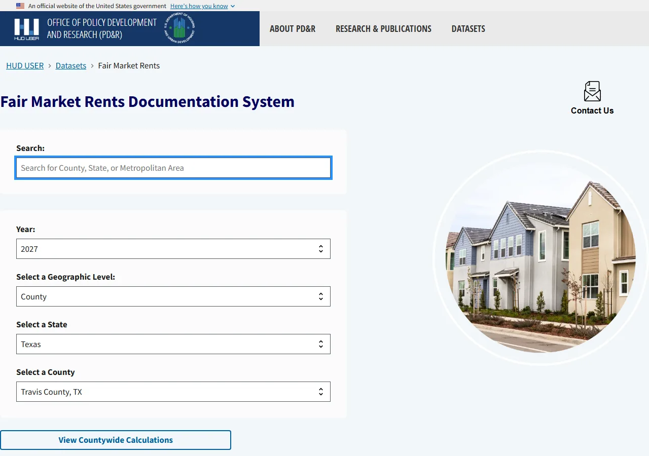 HUD's Fair Market Rents Documentation System form with Year set to 2027, Geographic Level set to County, State set to Texas and County set to Travis County, TX, above a button labelled View Countywide Calculations.