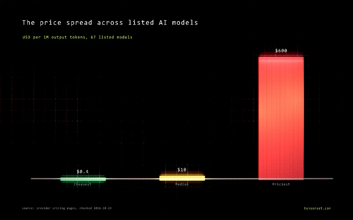 Bar chart, The price spread across listed AI models: Cheapest $0.4, Median $10, Priciest $600. Source: provider pricing pages, checked 2026-10-23.