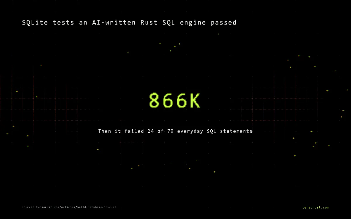 SQLite tests an AI-written Rust SQL engine passed: 866,331. Then it failed 24 of 79 everyday SQL statements Source: tensorust.com/articles/build-database-in-rust.