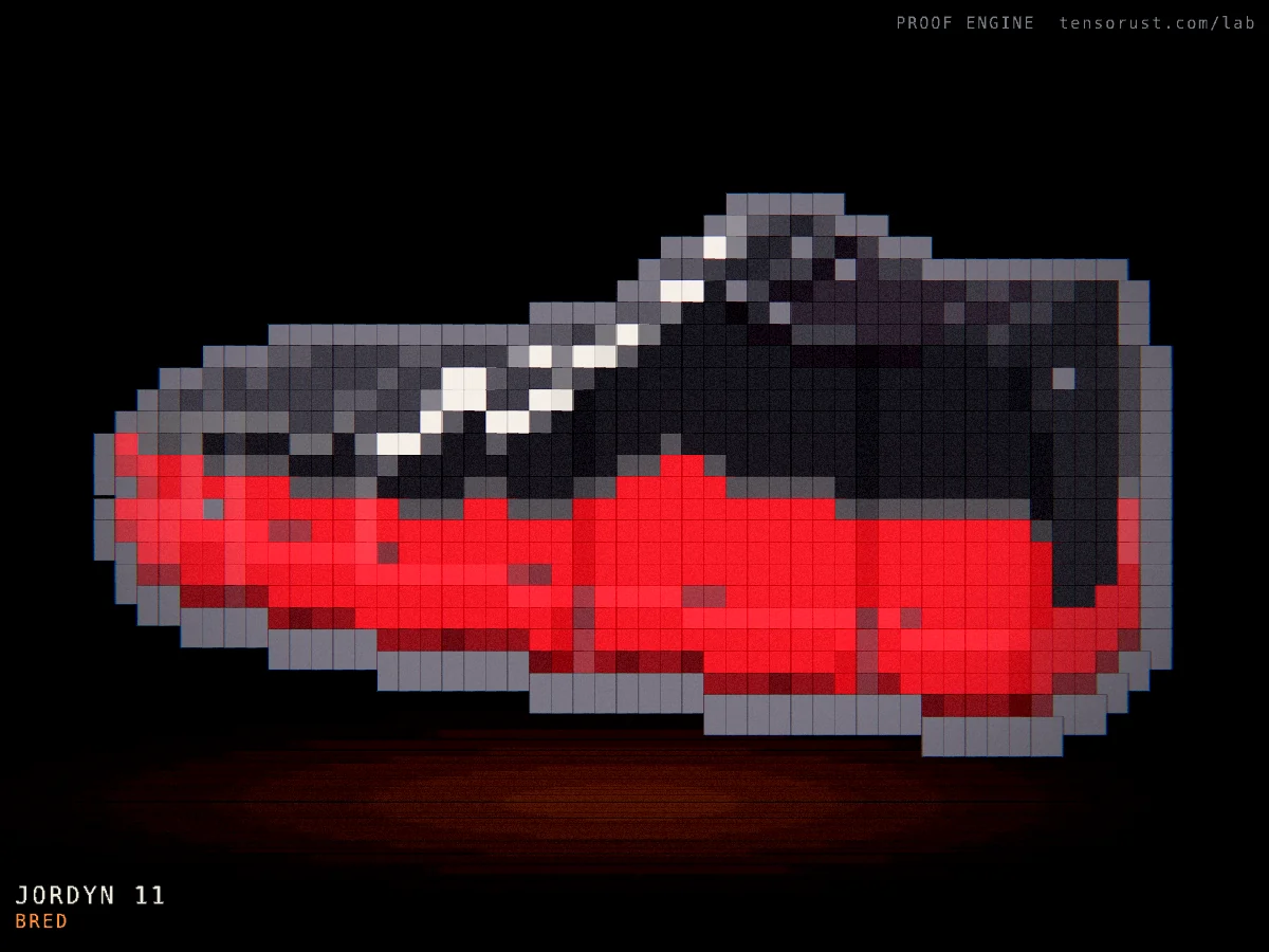 Voxel sneakers from O'BLOCK turning live, drawn by Proof Engine