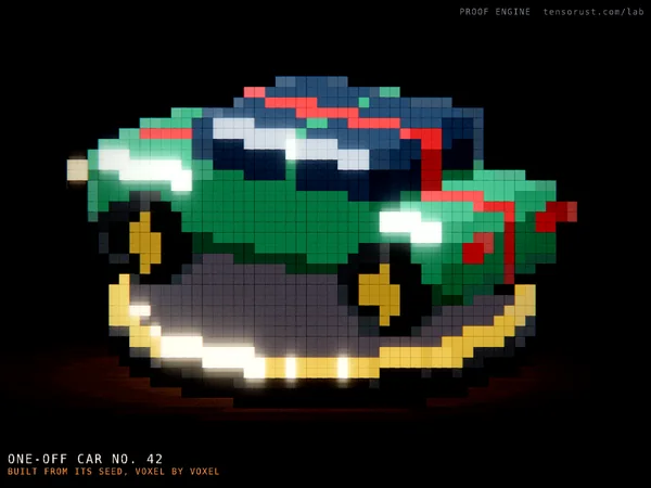 A one-off voxel car on a lit plinth, drawn by Proof Engine