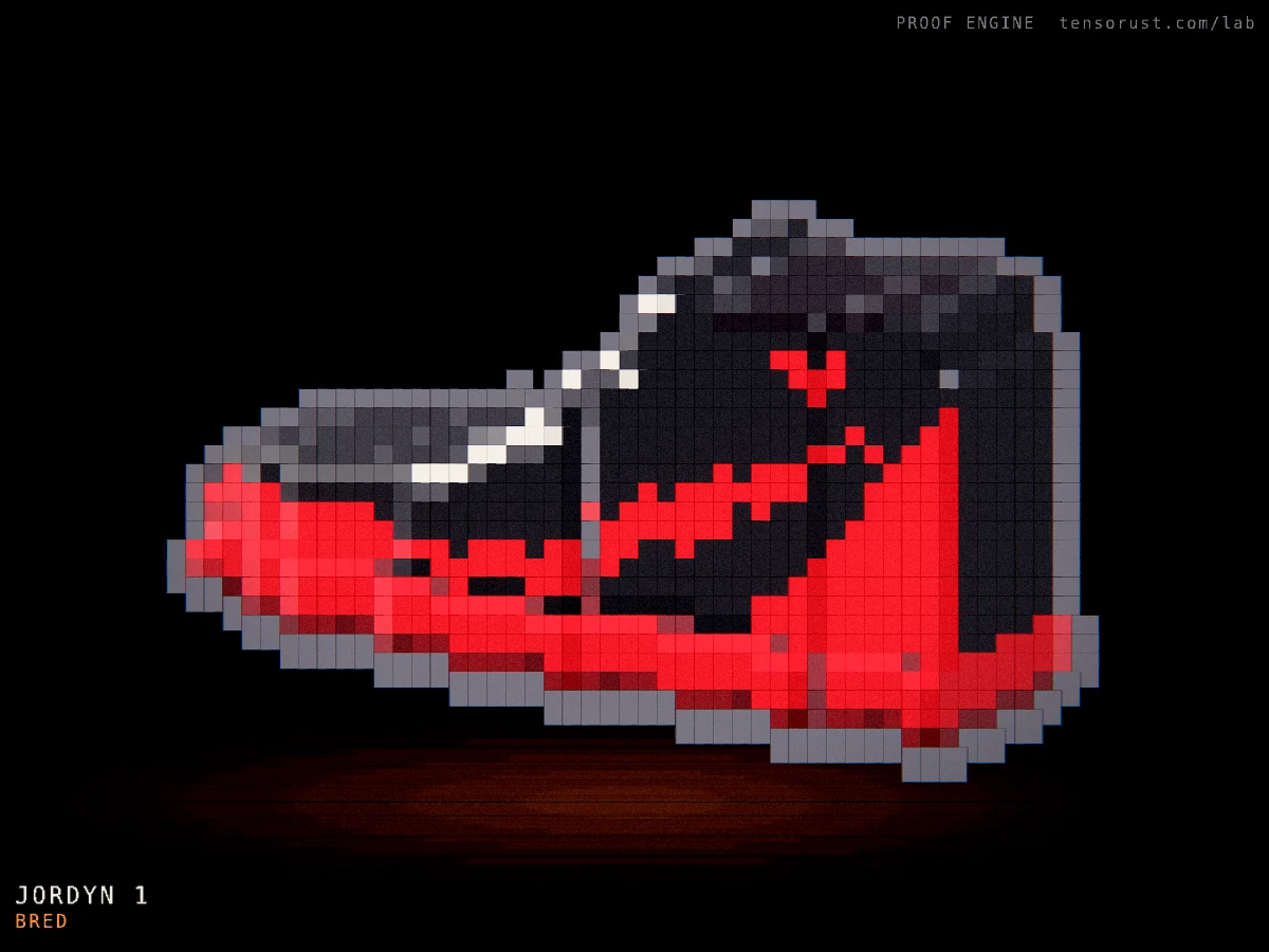 A Jordyn 1 in Bred, a voxel sneaker drawn by Proof Engine